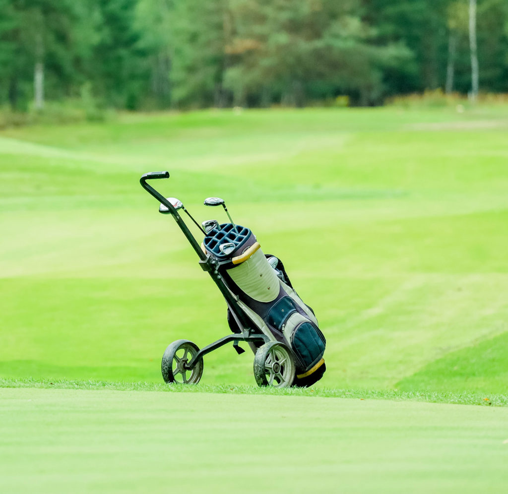 Golf bag on a cart on a lush green course, with trees in the background.