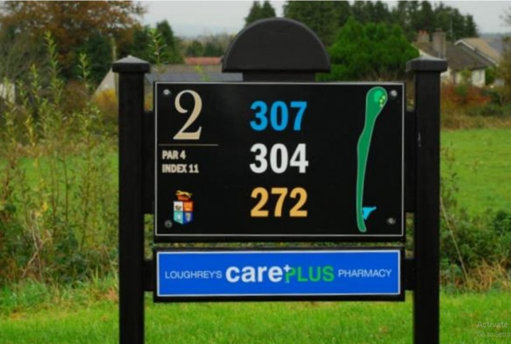 Golf course hole sign showing yardages and par information, sponsored by Loughrey's CarePlus Pharmacy.