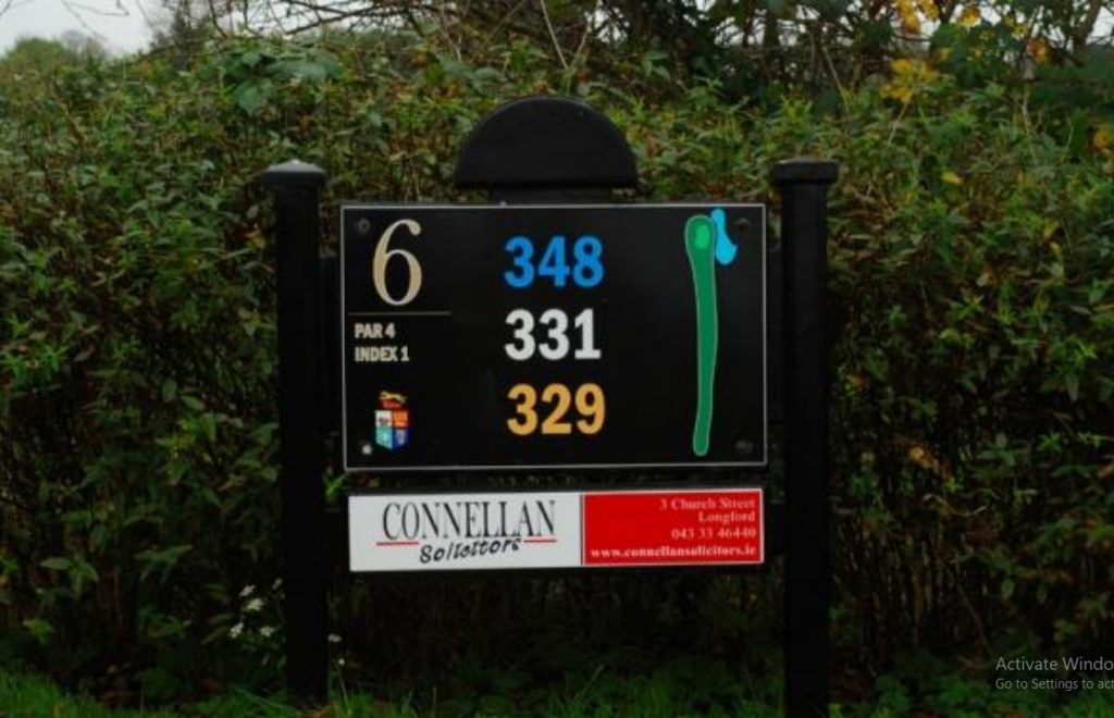Golf course hole 6 sign showing par 4, with distances of 348, 331, and 329 yards, surrounded by greenery.