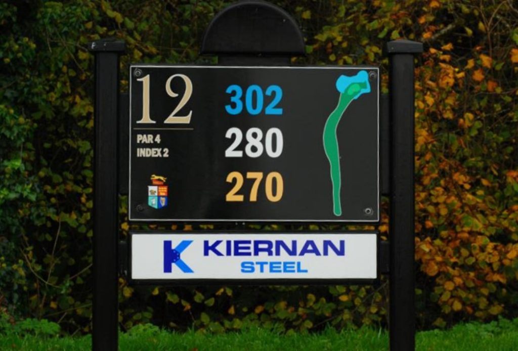 Golf hole 12 sign showing par 4, distance options: 302, 280, 270 yards, sponsored by Kiernan Steel.