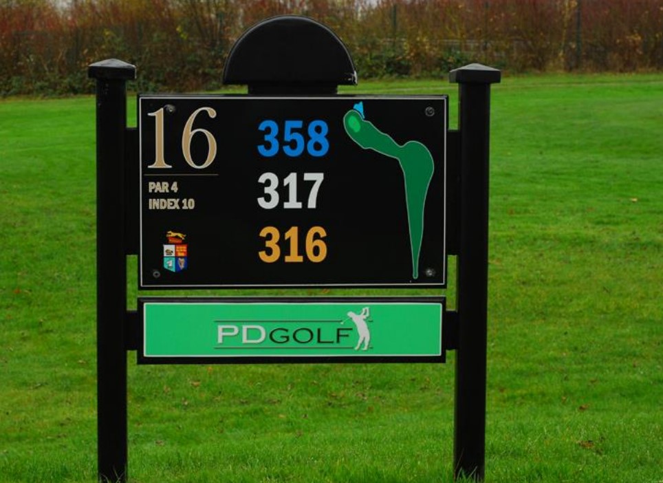 Golf hole 16 sign indicating a par 4 course with distances of 358, 317, and 316 yards.