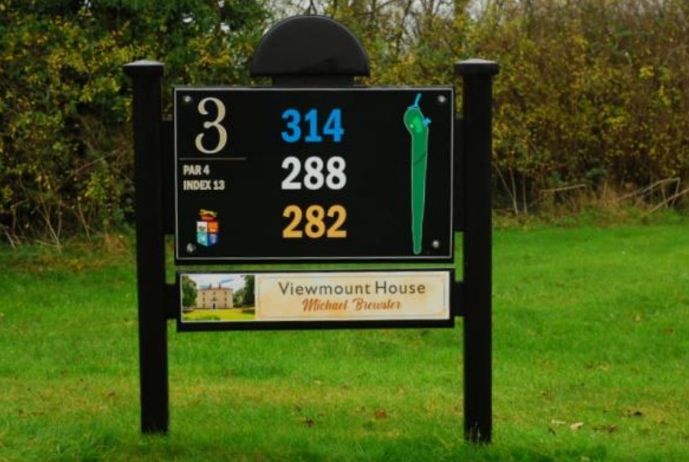 Golf hole 3 sign, par 4, distances: 314, 288, 282 yards, at Viewmount House in lush green surroundings.